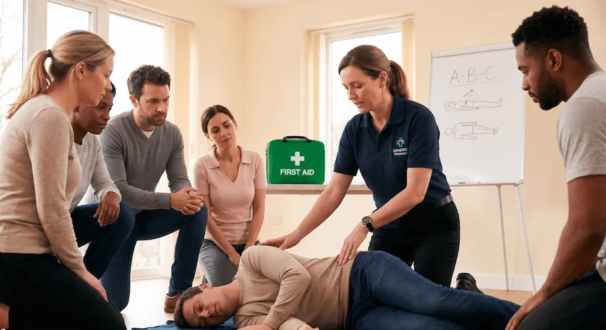 Instructor demonstrating practical first aid skills in Manchester